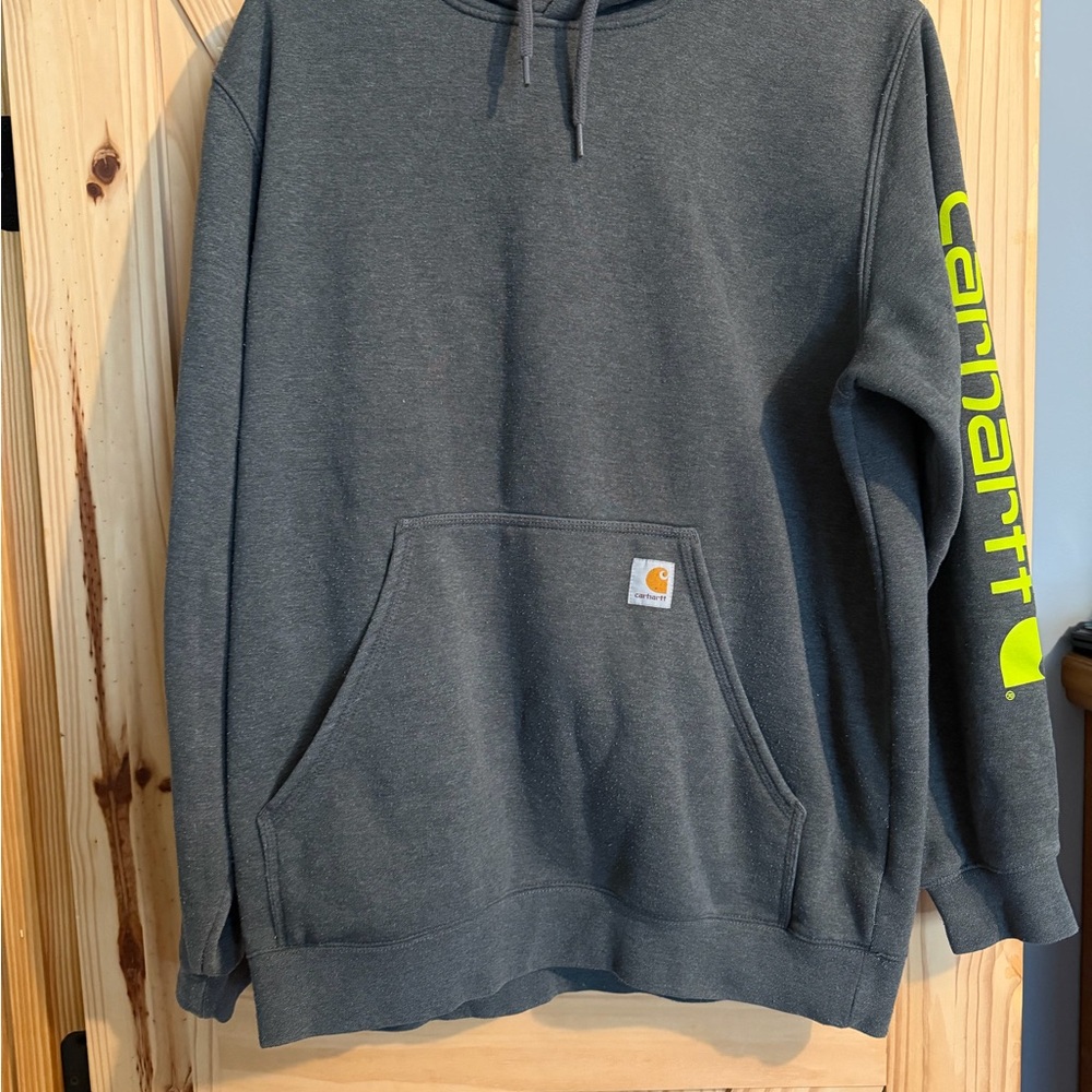 Carhartt Men's Charcoal Hoodie with Bright Yellow Sleeve Logo